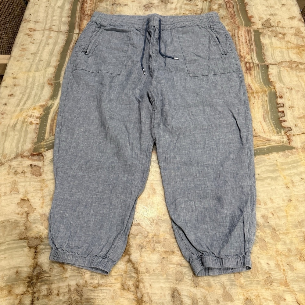 Athleta Linen Blend Crop Jogger Pants Blue Drawstring Elastic Waist Women's 22